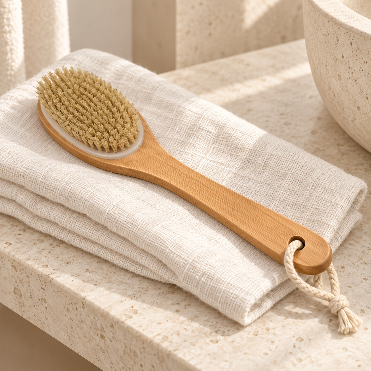 Natural wood long-handle body brush displayed on folded ivory linen
