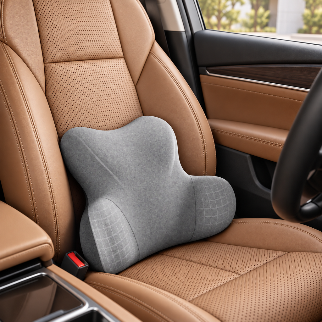 Gray memory foam lumbar support pillow positioned on a tan car seat