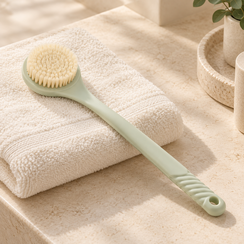 Pale sage long-handle bath brush displayed on an ivory towel