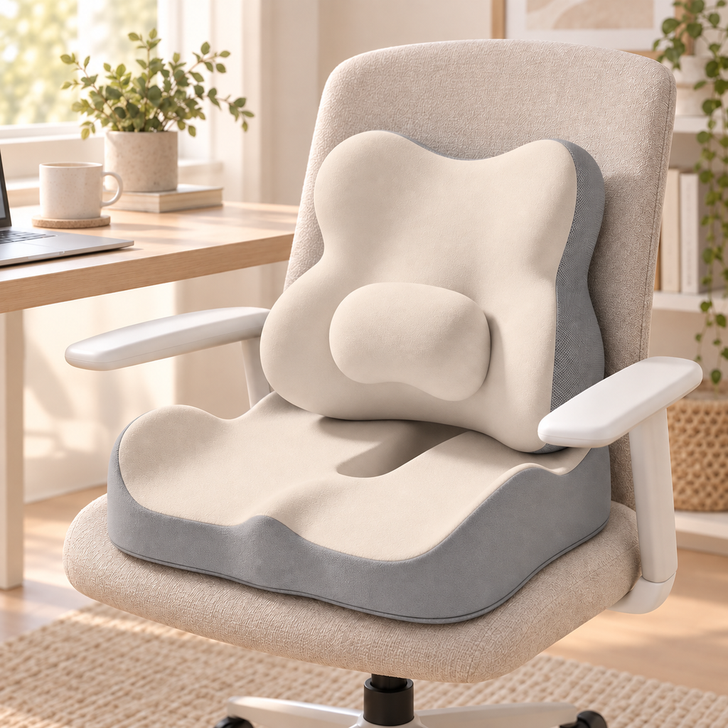 Cream and gray seat cushion and lumbar support set on a home office chair