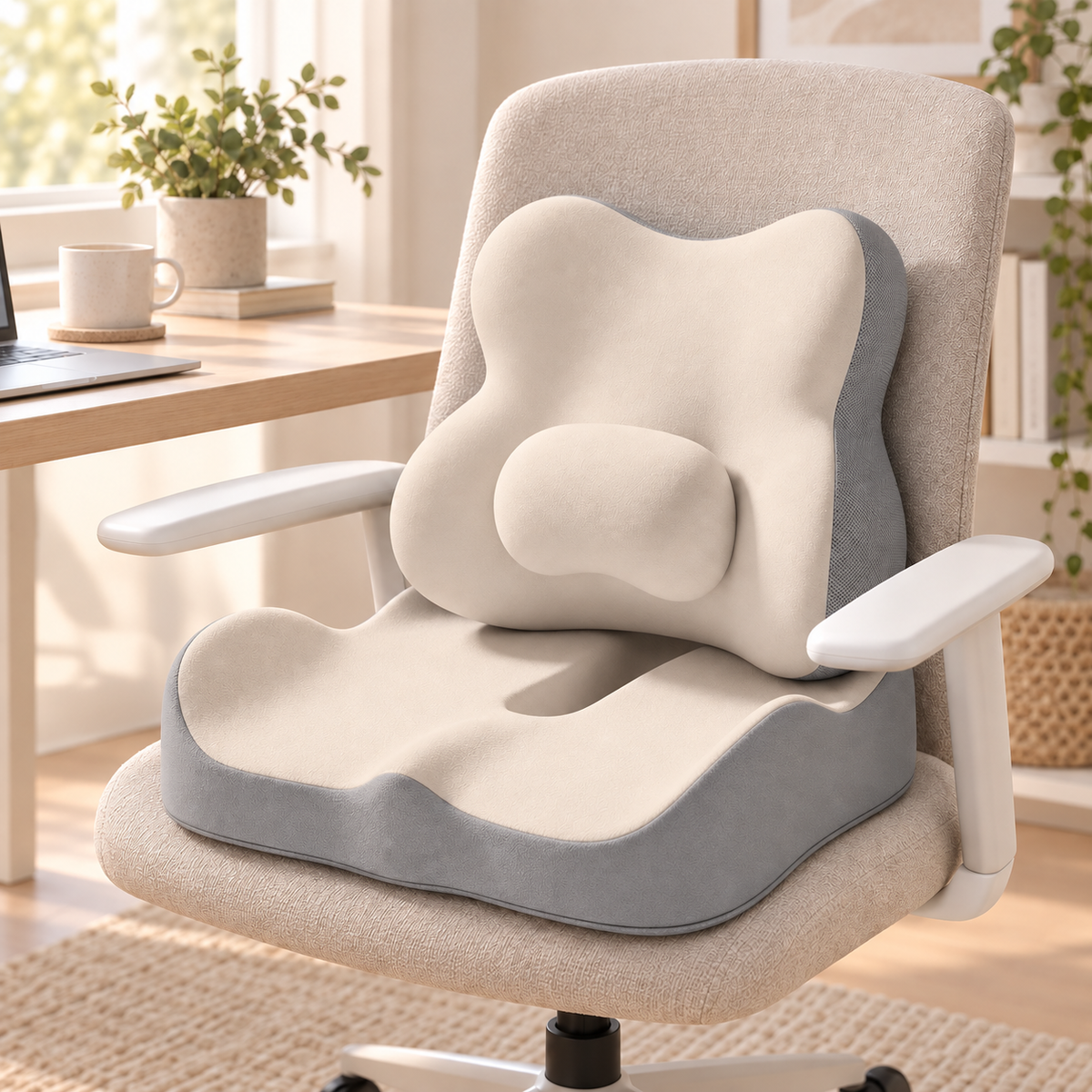 Cream and gray seat cushion and lumbar support set on a home office chair