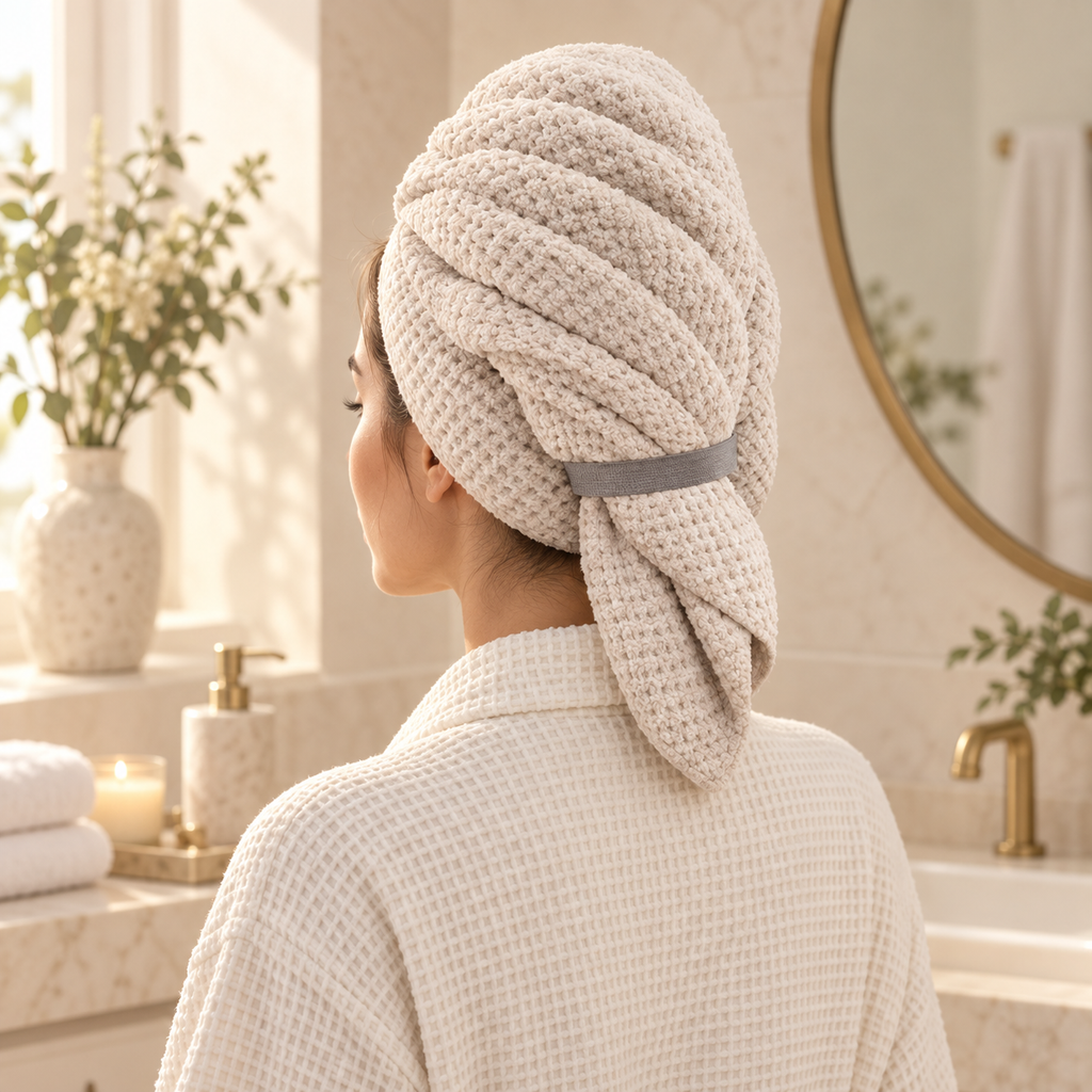 Oatmeal microfiber hair drying turban secured with a gray elastic band