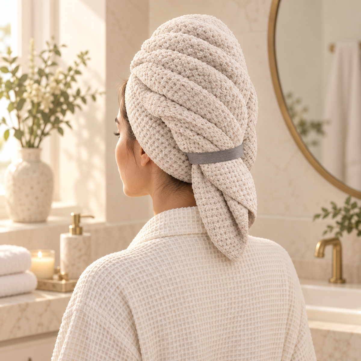 Oatmeal microfiber hair drying turban secured with a gray elastic band