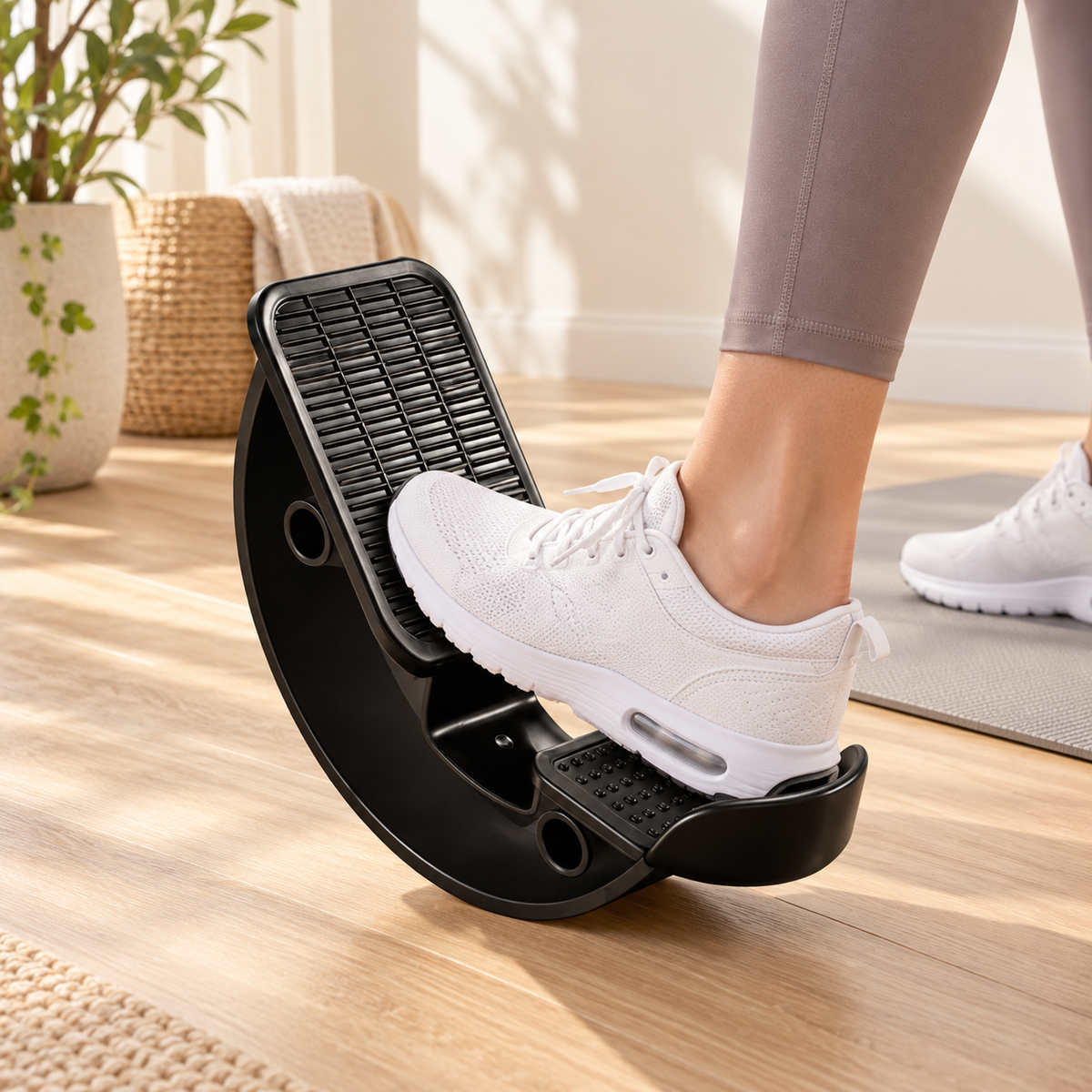 Black calf and foot stretcher used in a warm home movement space