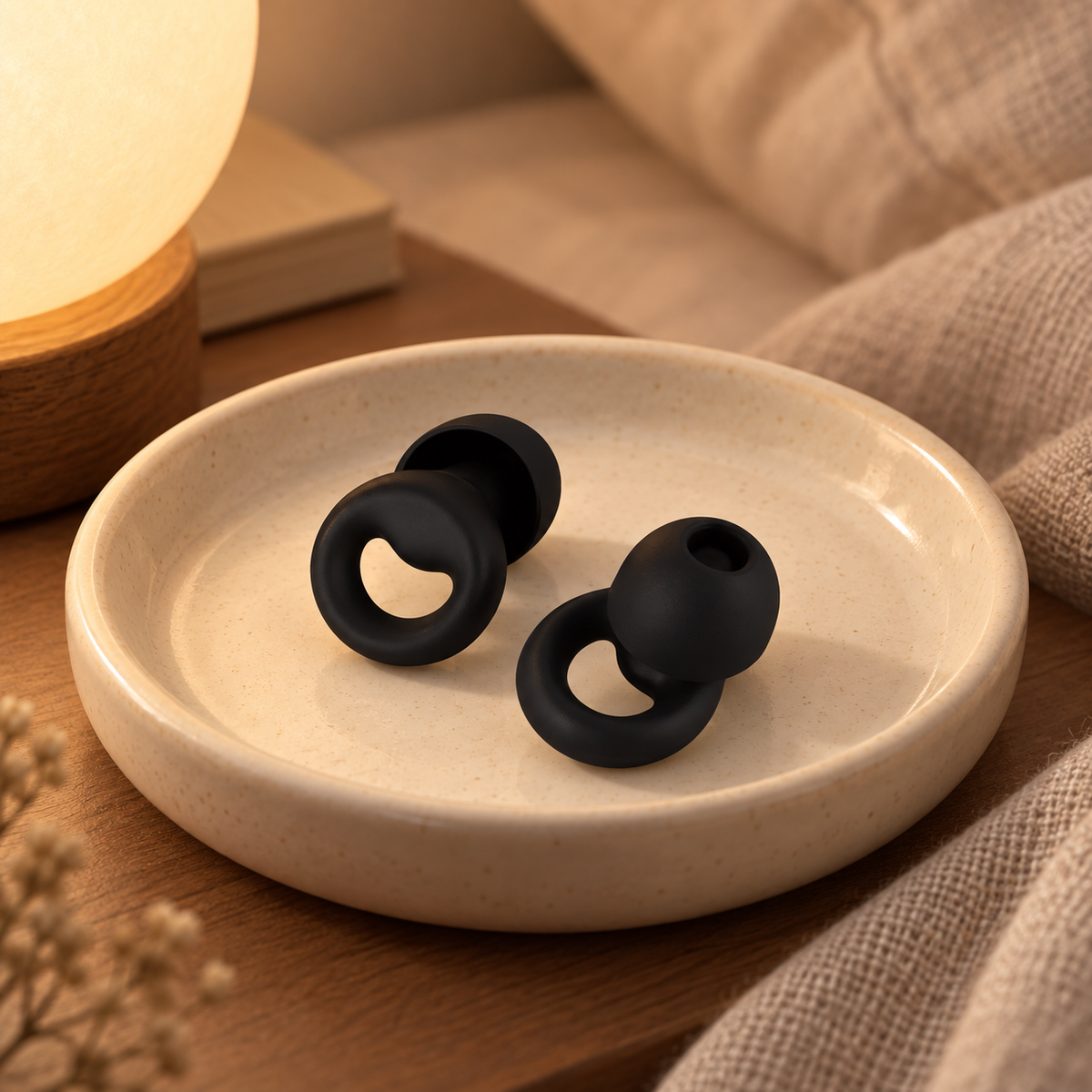 Pair of black silicone sleep earplugs on a warm ivory bedside tray