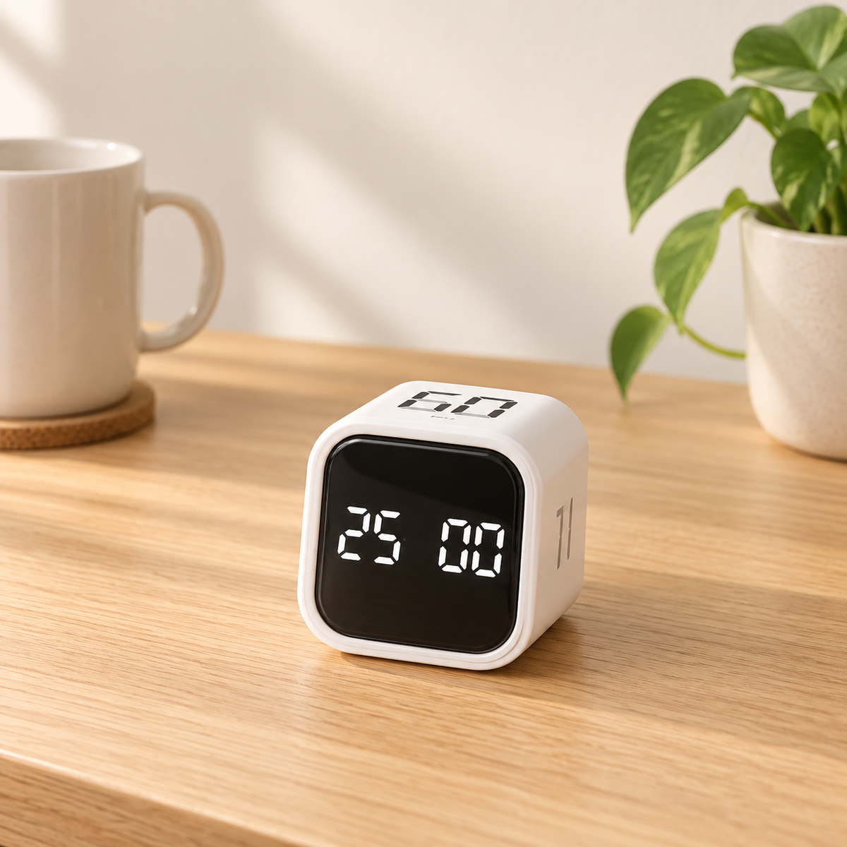 White flip-to-focus digital timer on a warm minimal desk
