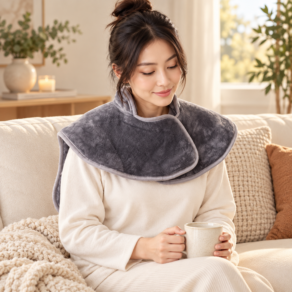 Charcoal oversized back and shoulder heating pad worn in a warm living room