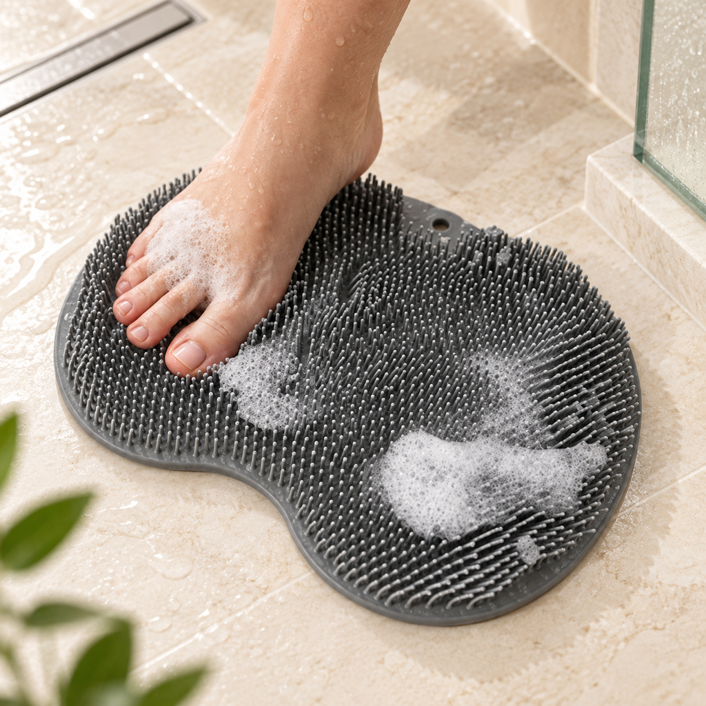 Charcoal hands-free foot scrub mat on a light stone shower floor