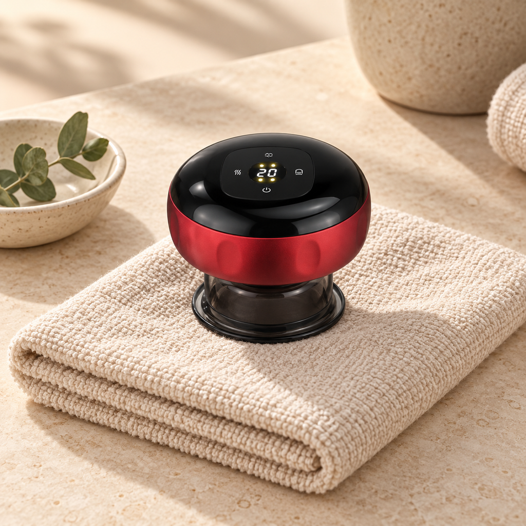 Black and red heated body massage cup displayed on an oatmeal towel