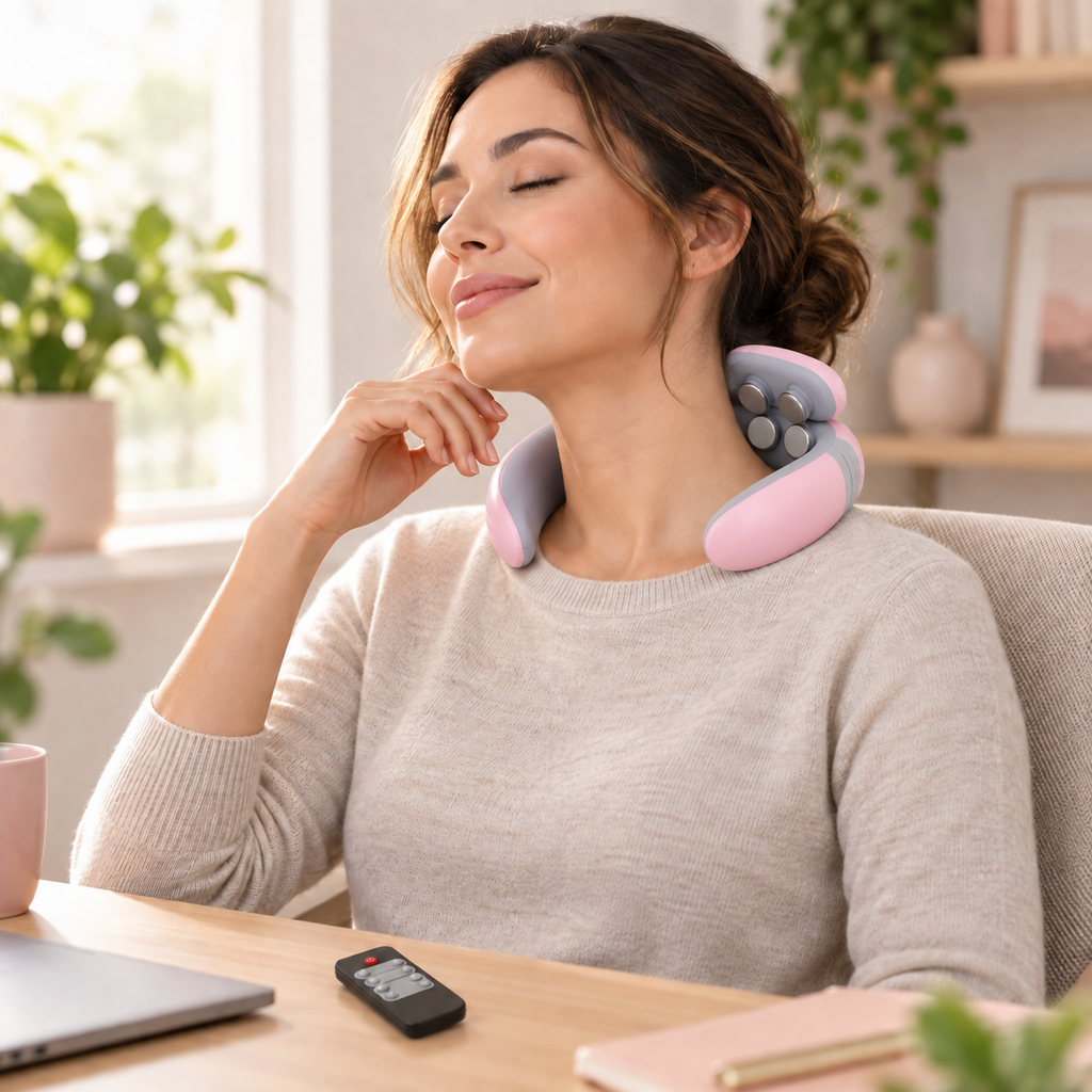 Pink and gray portable pulse neck massager used at a home office desk