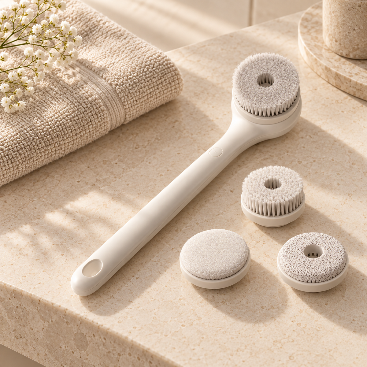 Cream rechargeable bath brush with four interchangeable round heads