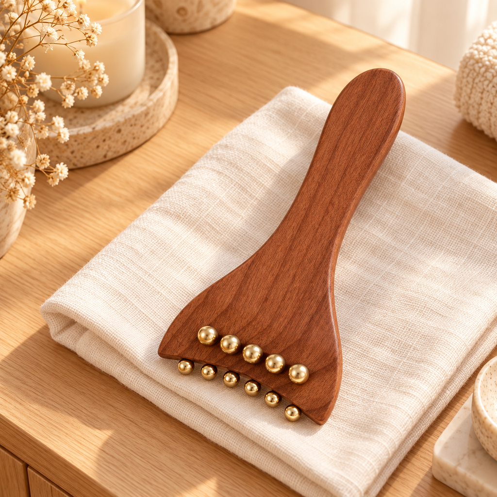 Wooden long-handle body massage brush displayed on ivory linen