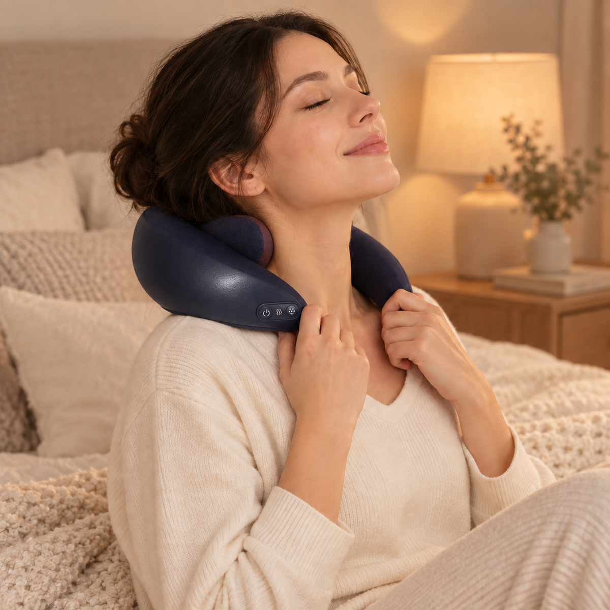 Dark navy rechargeable warming neck and back massager in a calm bedroom