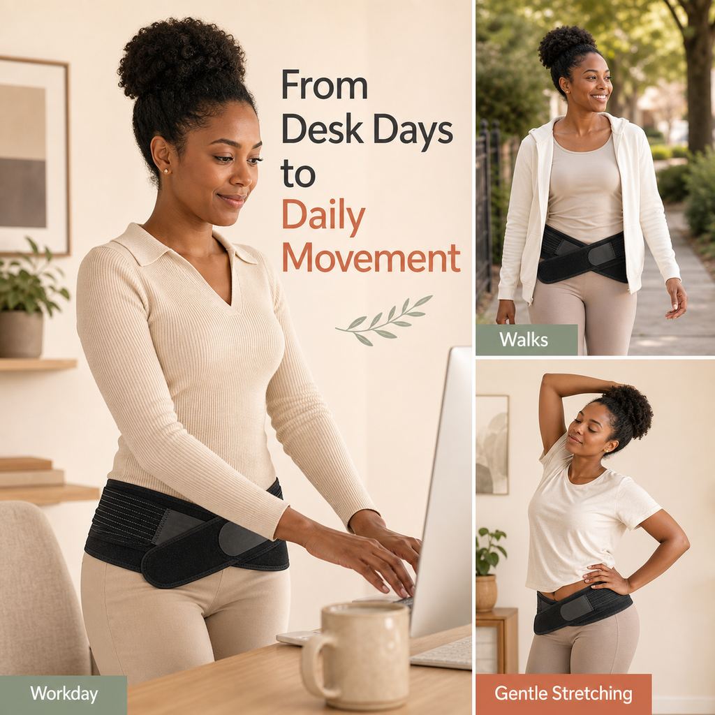 Daily Ease SI Support Belt workday walking and stretching contexts