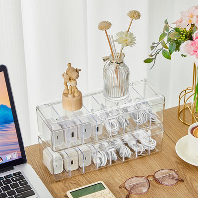 Tatuo 2 Pcs Plastic Cord Storage Box with Wire Ties and Sort Stickers Clear Cable Organizer Box with Lid Wire Desk Organizer Electronics Charger Organizer Case Cable Management Box for Office Home