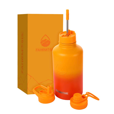 FAHRMOSIS 64 OZ Water Bottle with Straw | Insulated Water Bottle Water Jug Includes 3 Lids Water Bottles | Stainless Steel Water Bottle for Men & Women - Orange Fusion