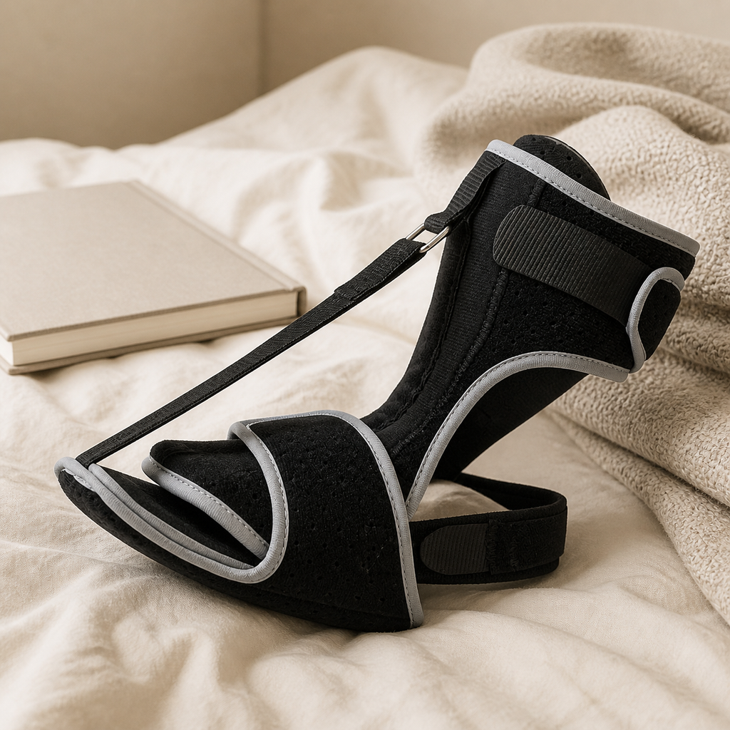 First Step Soft Night Splint styled in a calm bedside routine