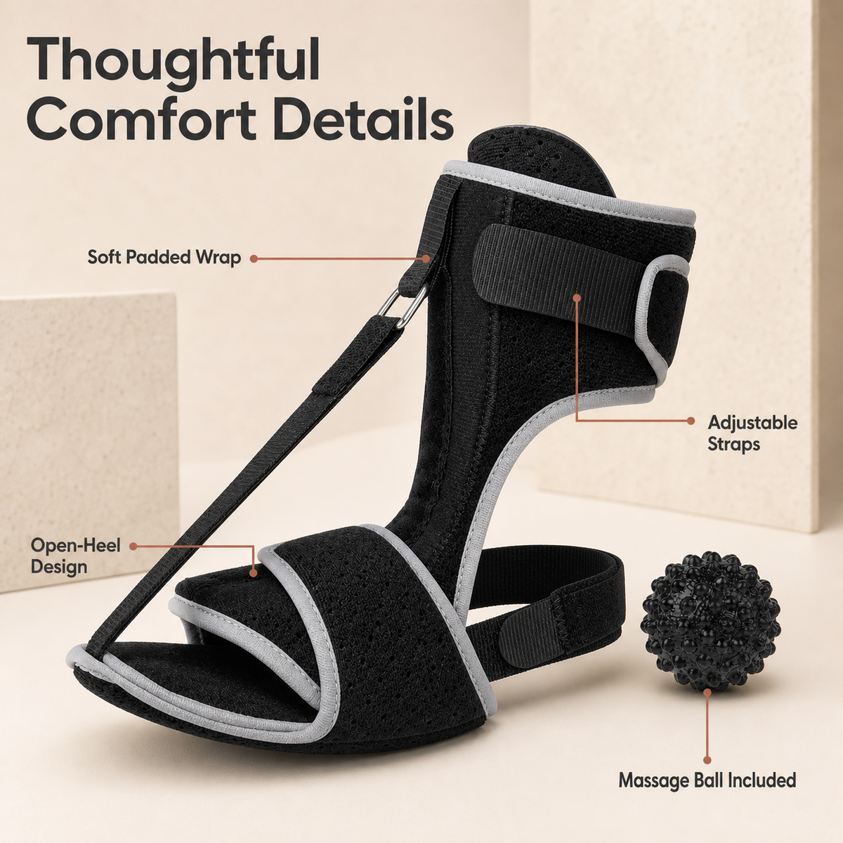 First Step Soft Night Splint comfort details and massage ball