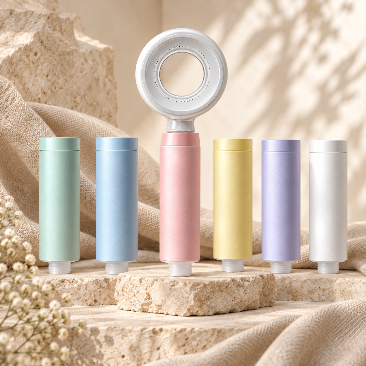 Aroma Shower Filter hero mockup in a warm neutral setting