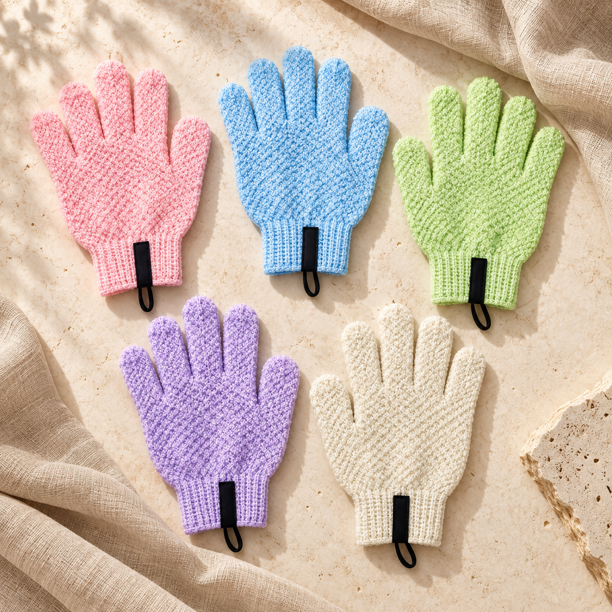 Textured Exfoliating Bath Glove hero mockup in a warm neutral setting