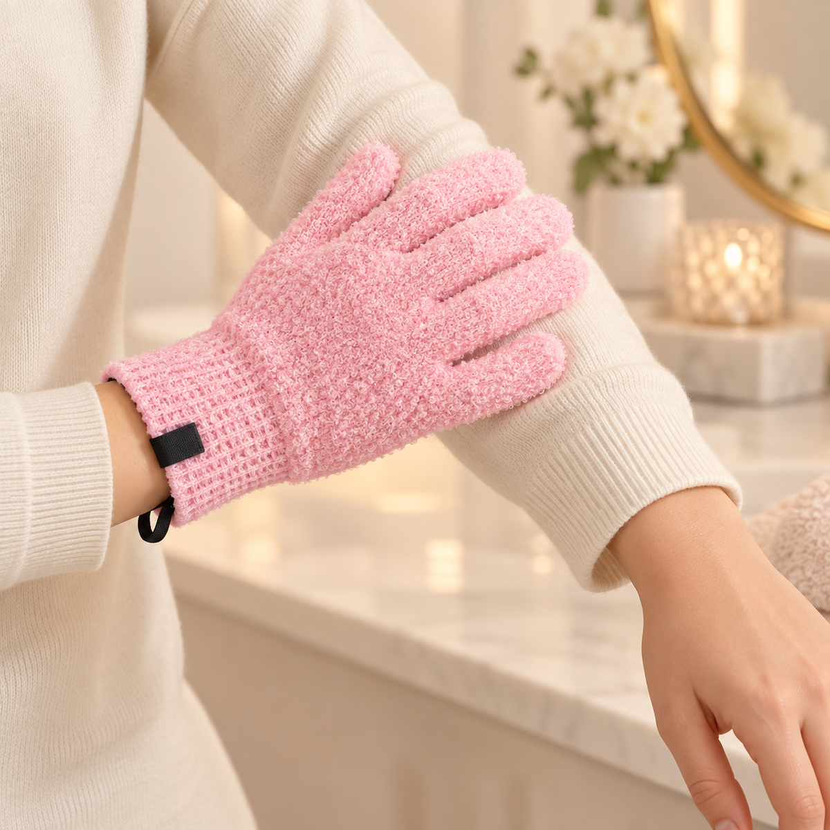 Textured Exfoliating Bath Glove shown in use