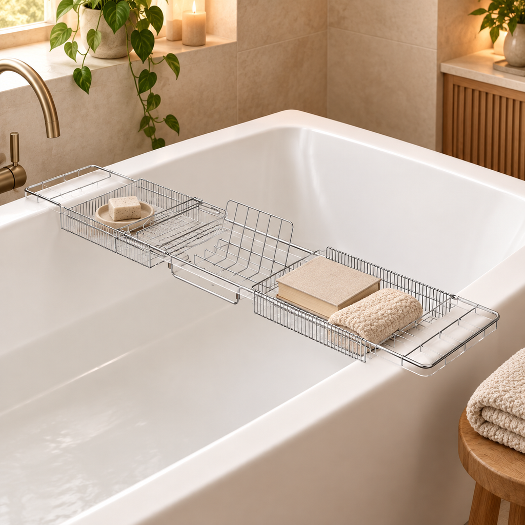 Retractable Bath Tray hero mockup in a warm neutral setting