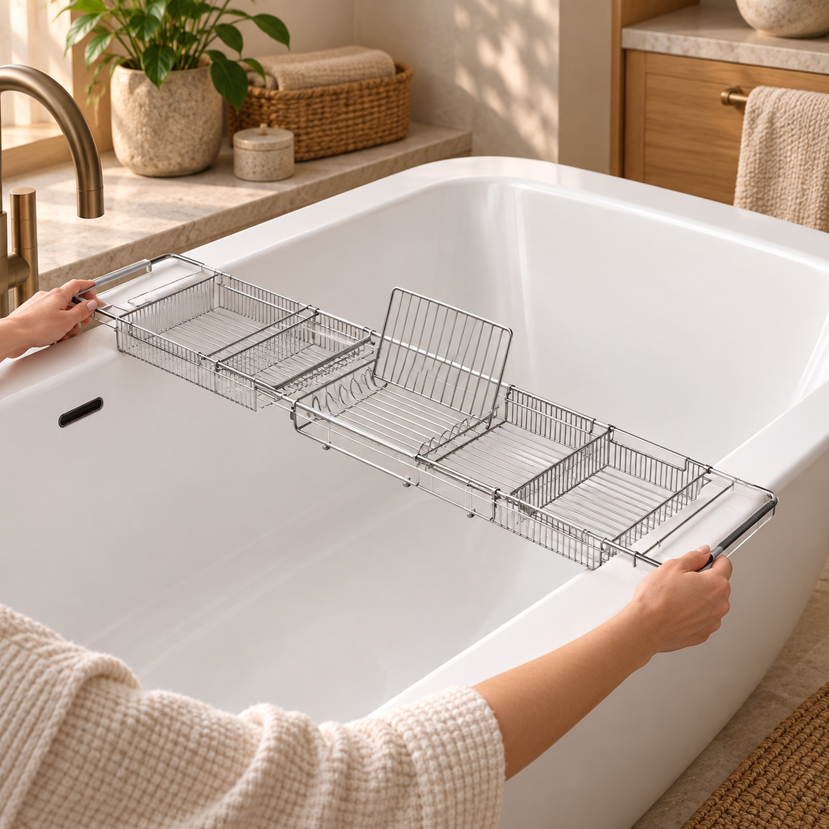 Retractable Bath Tray shown in use