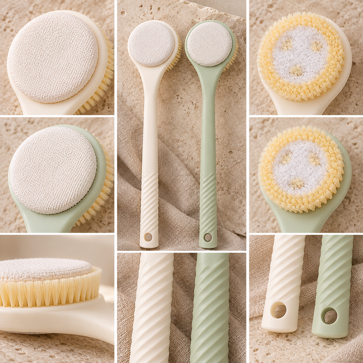 Close-up details of Dual-Texture Long-Handle Bath Brush