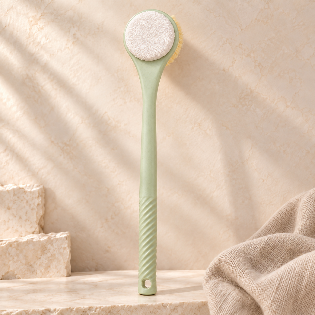 Dual-Texture Long-Handle Bath Brush, Green