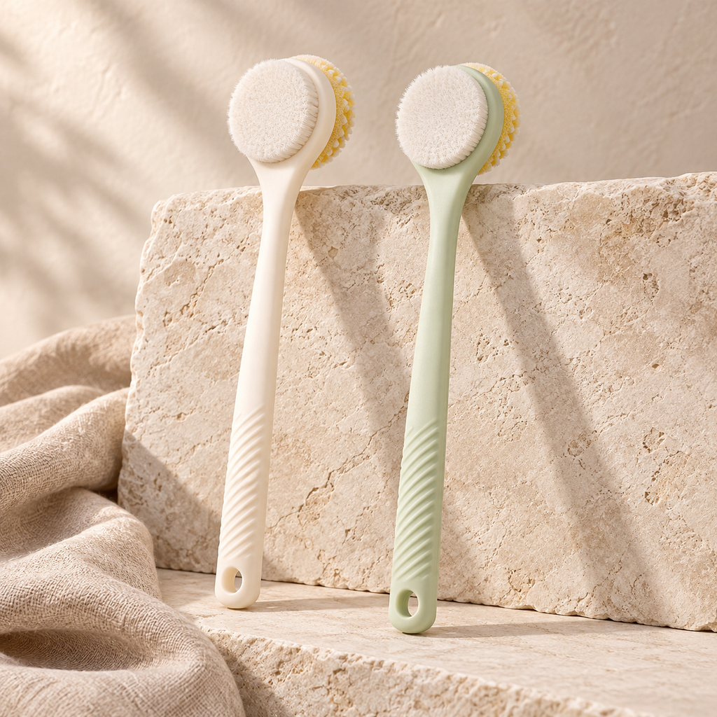 Dual-Texture Long-Handle Bath Brush hero mockup in a warm neutral setting