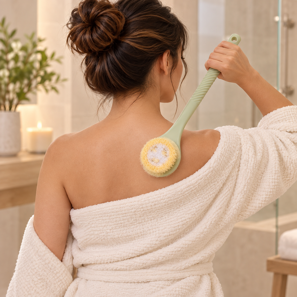 Dual-Texture Long-Handle Bath Brush shown in use