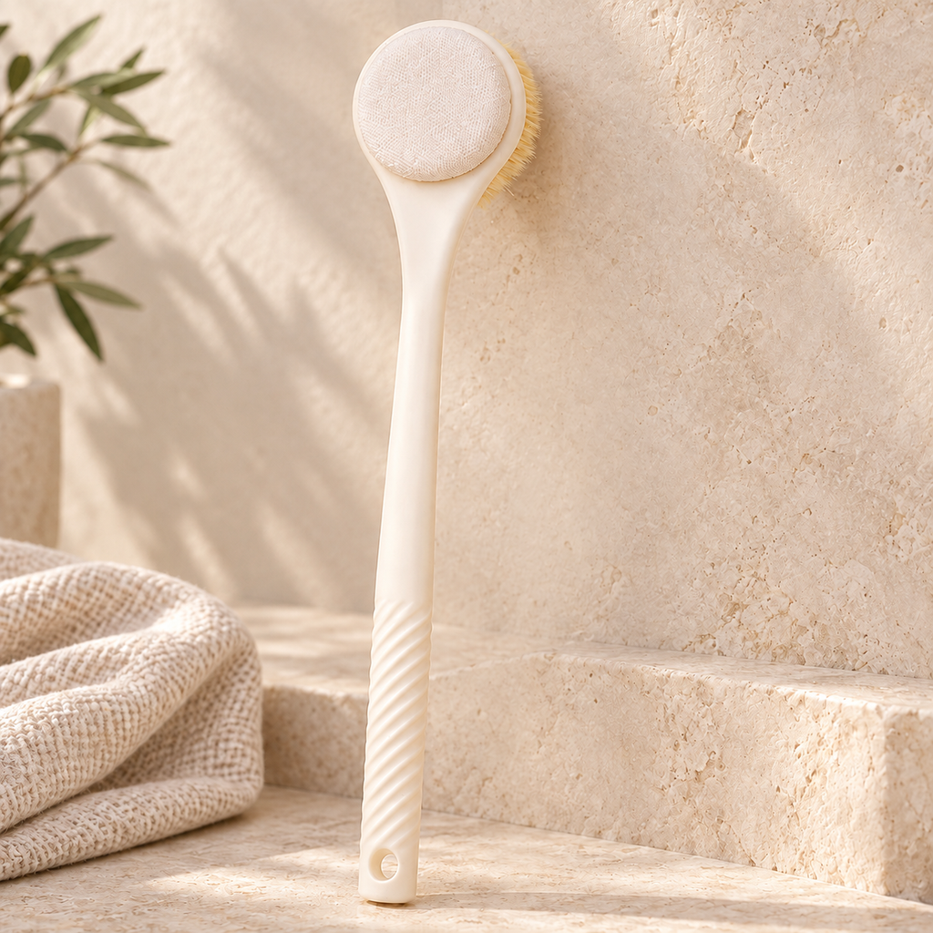 Dual-Texture Long-Handle Bath Brush, White