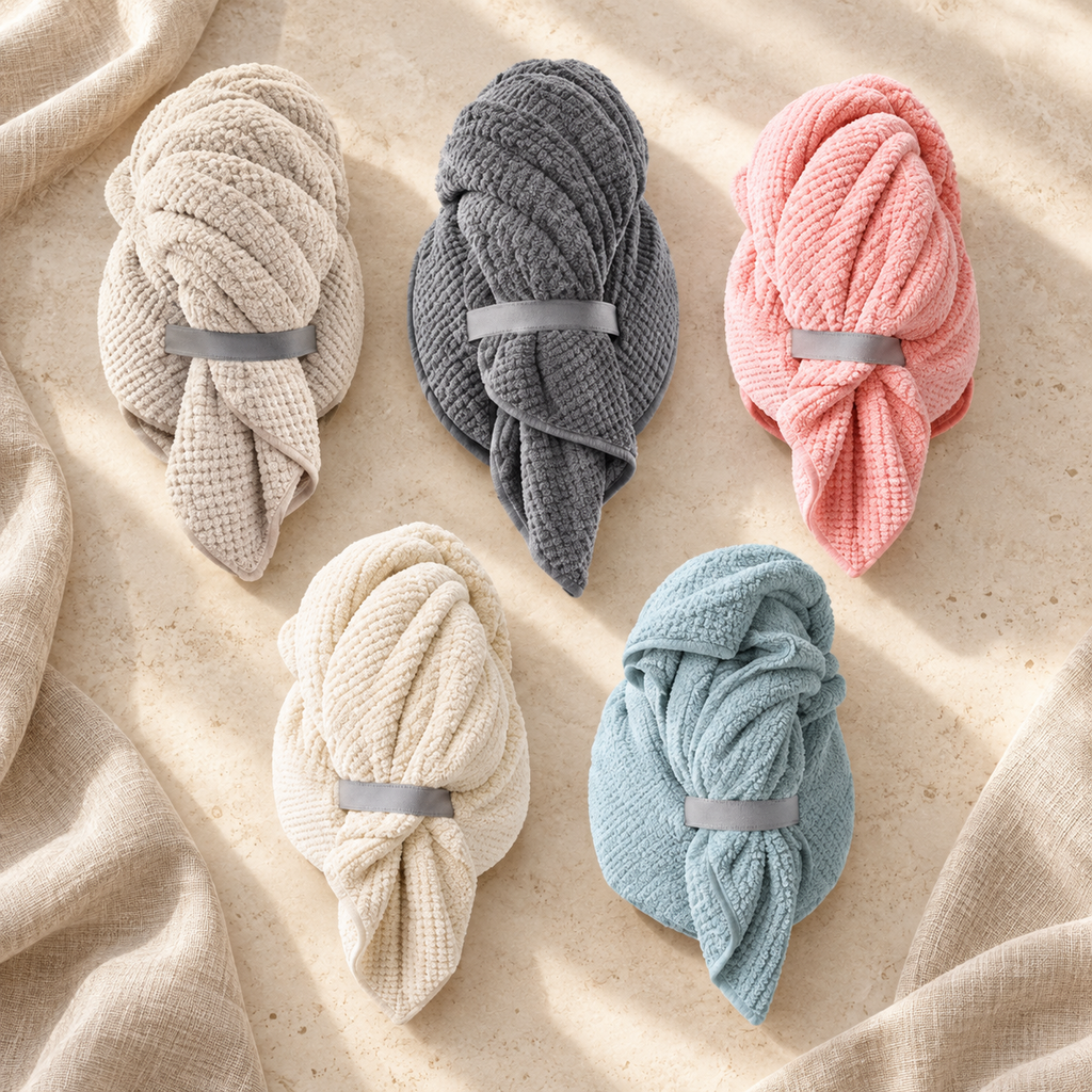Microfiber Hair Drying Turban hero mockup in a warm neutral setting