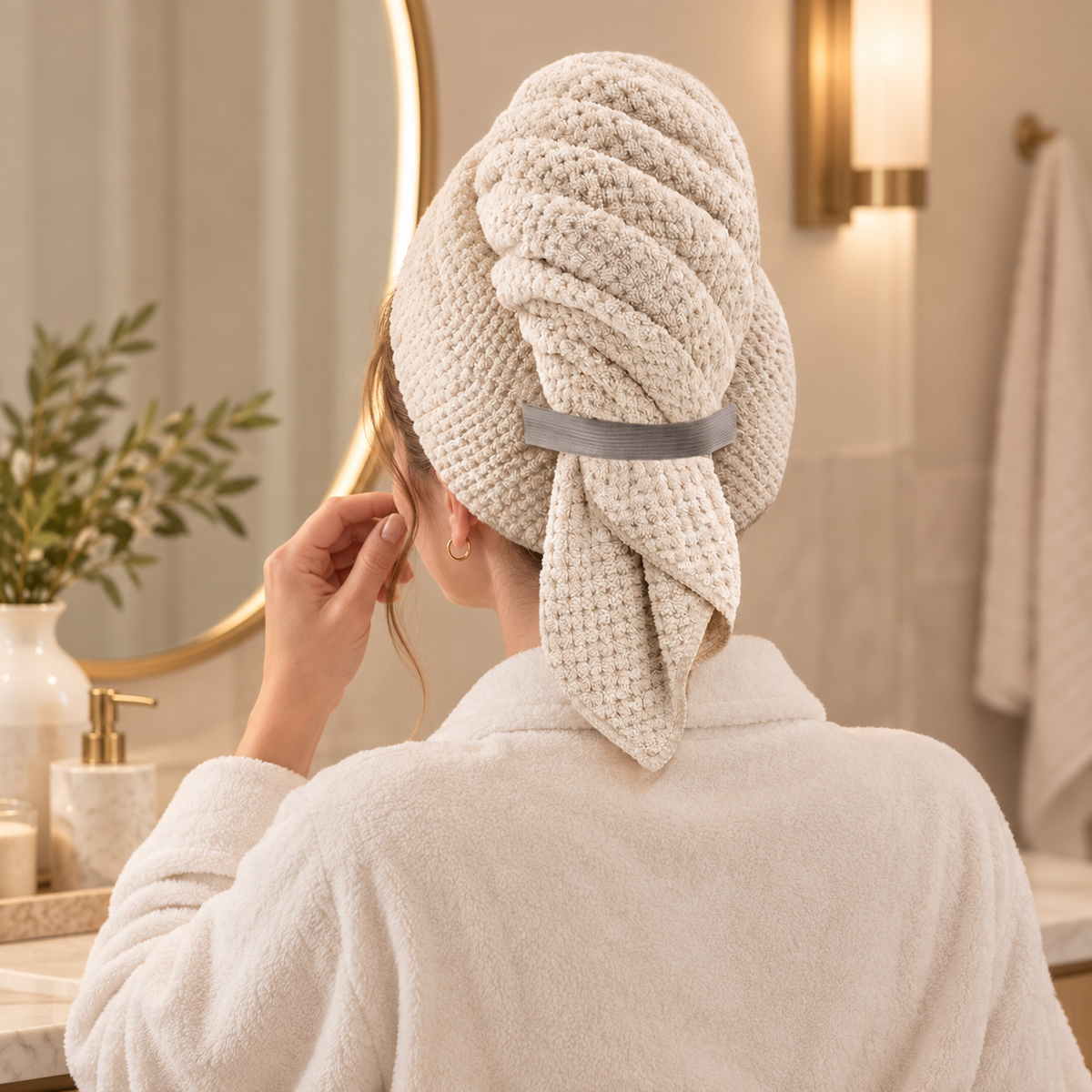 Microfiber Hair Drying Turban shown in use