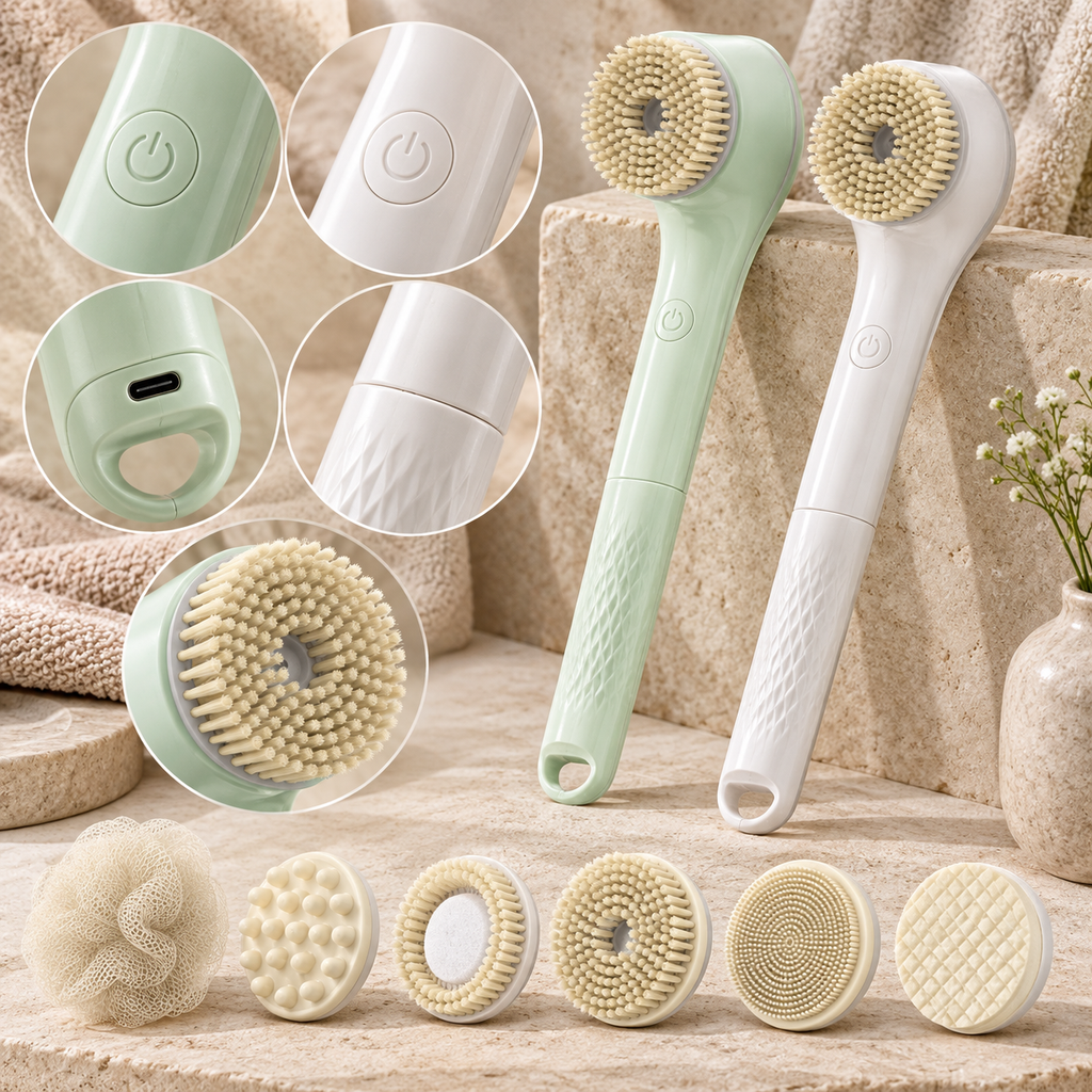 Close-up details of Rechargeable Multi-Head Bath Brush
