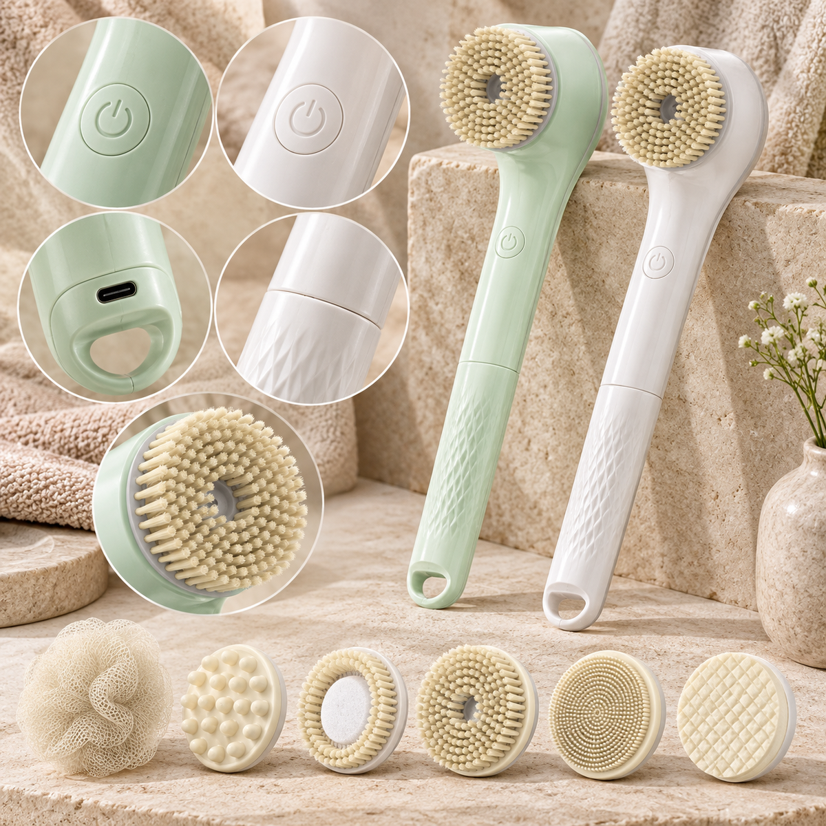Close-up details of Rechargeable Multi-Head Bath Brush