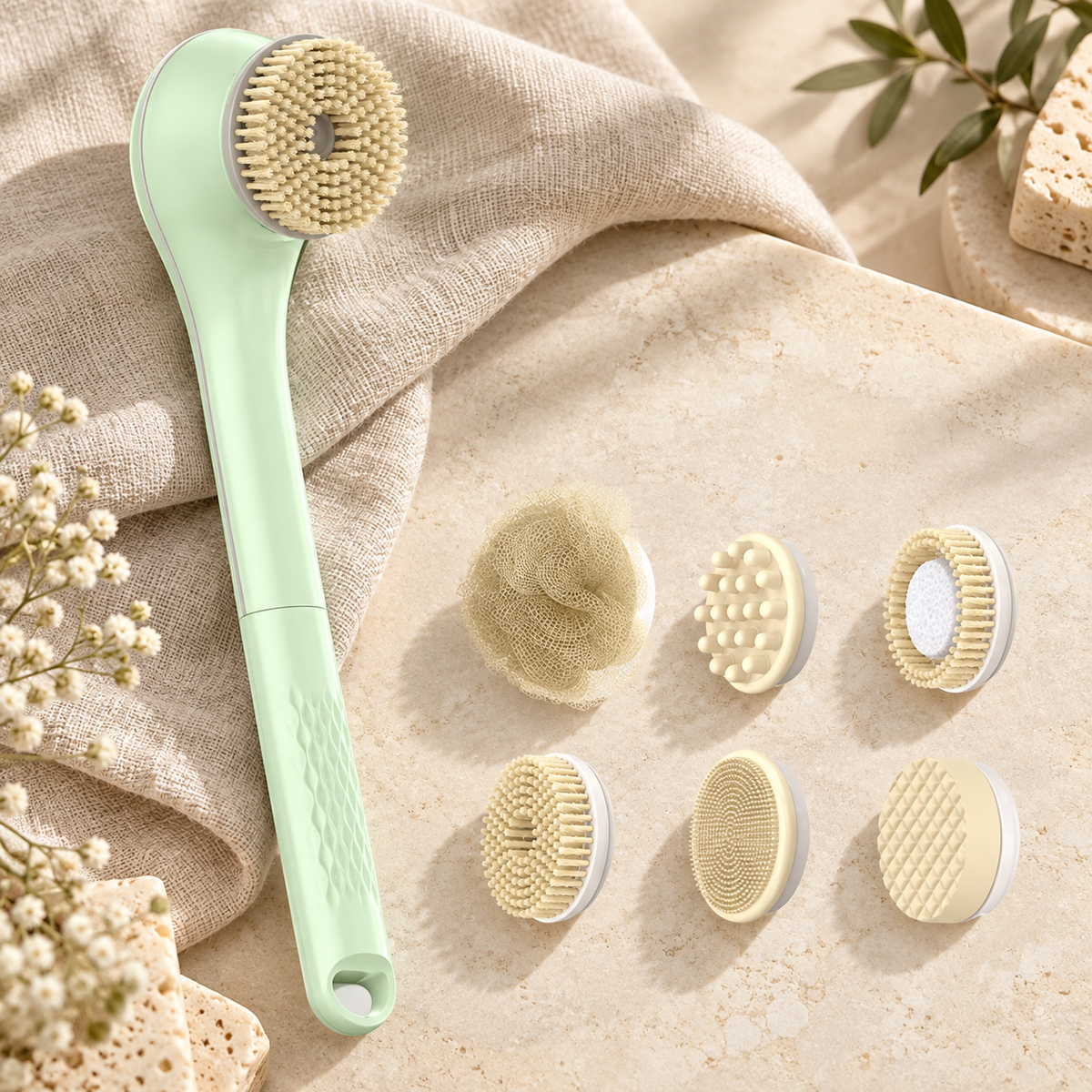 Rechargeable Multi-Head Bath Brush, Fruit Green, 5-piece set