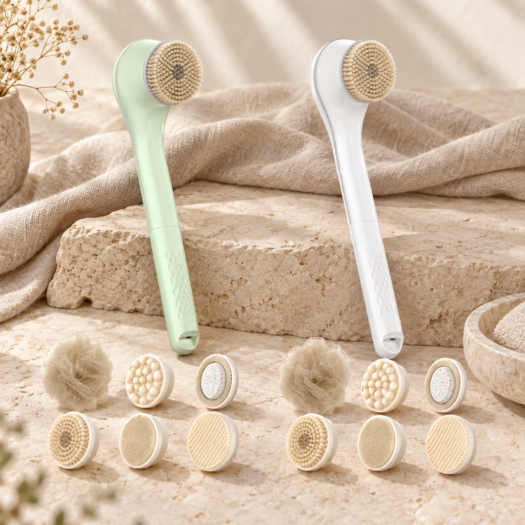 Rechargeable Multi-Head Bath Brush hero mockup in a warm neutral setting