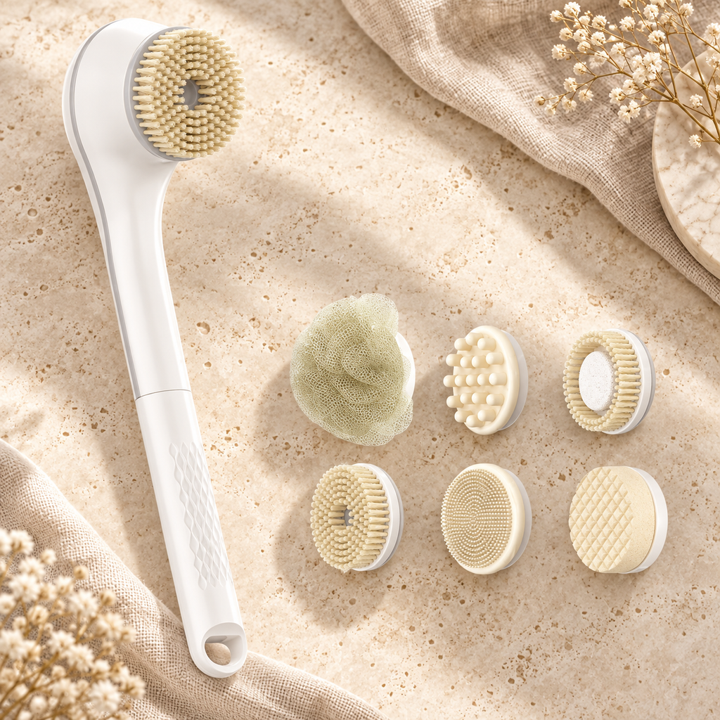 Rechargeable Multi-Head Bath Brush, Milk White, 5-piece set