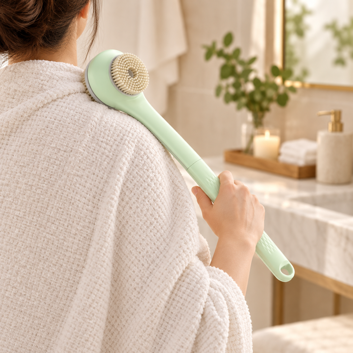 Rechargeable Multi-Head Bath Brush shown in use
