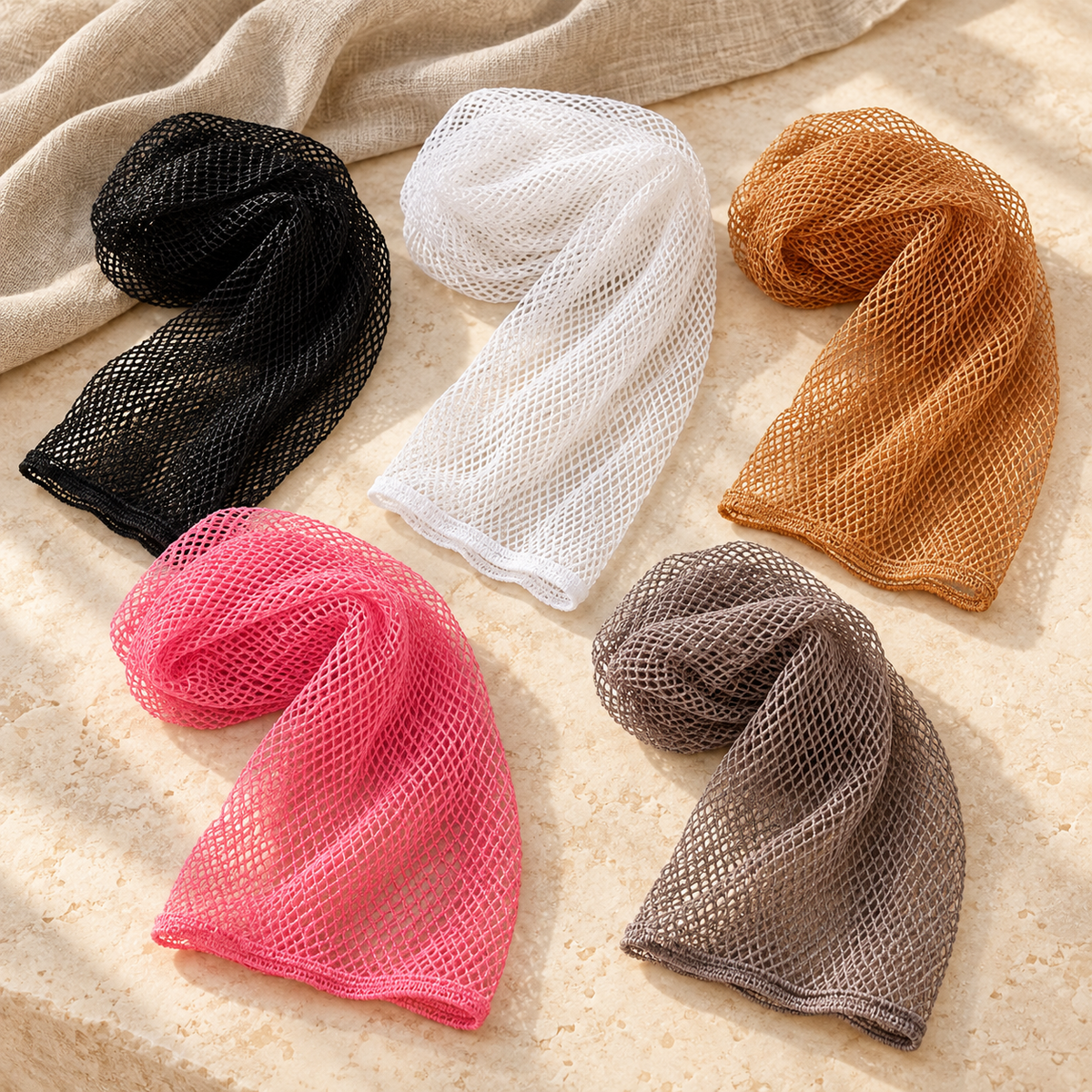 Stretch Exfoliating Shower Net hero mockup in a warm neutral setting