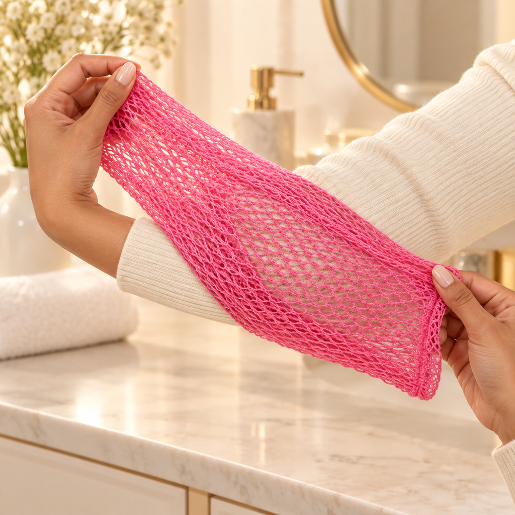 Stretch Exfoliating Shower Net shown in use
