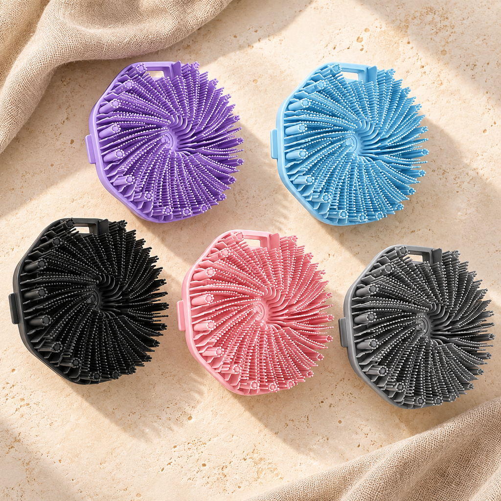 Silicone Exfoliating Bath Brush hero mockup in a warm neutral setting