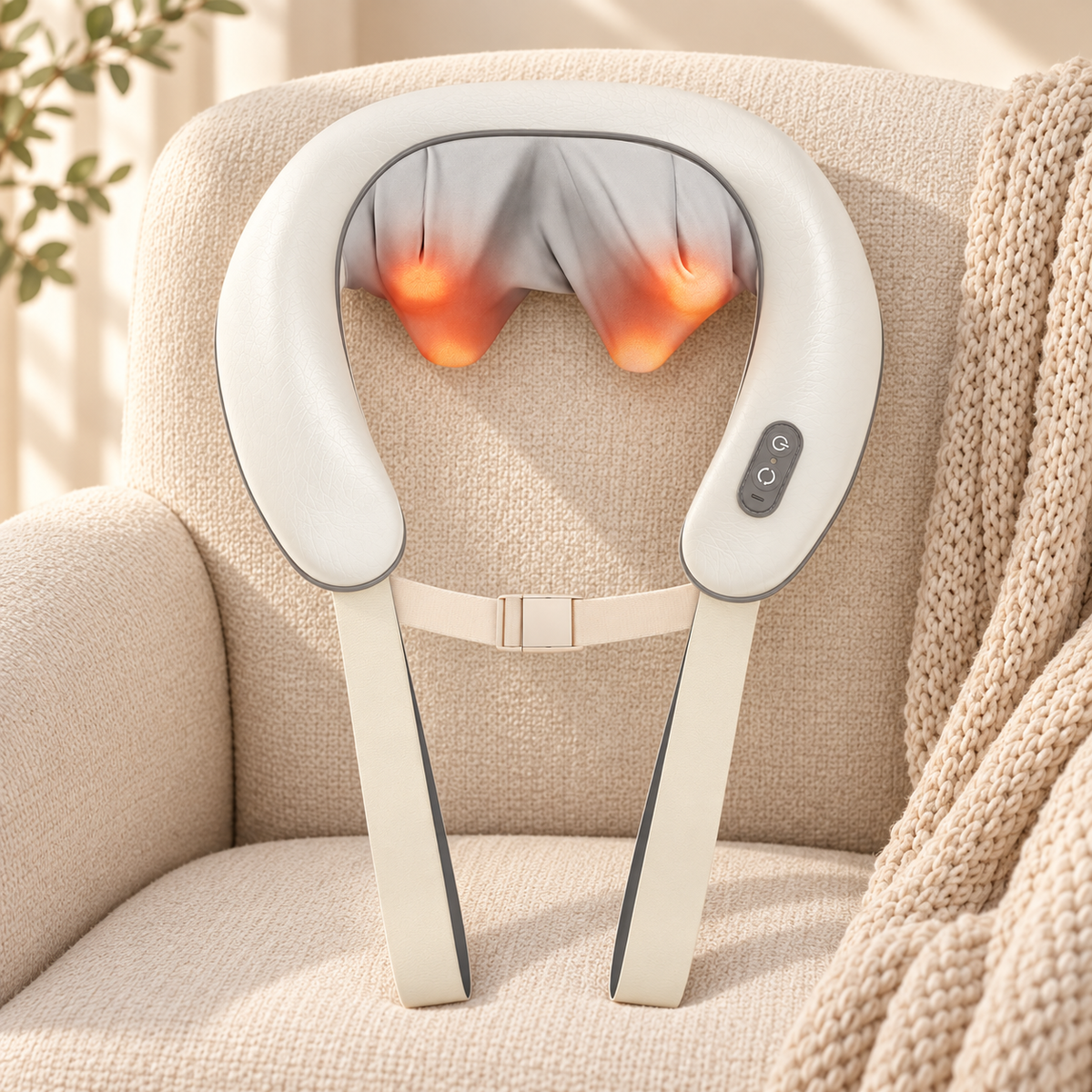Cordless Shiatsu neck and back massager in a calming home wellness setting