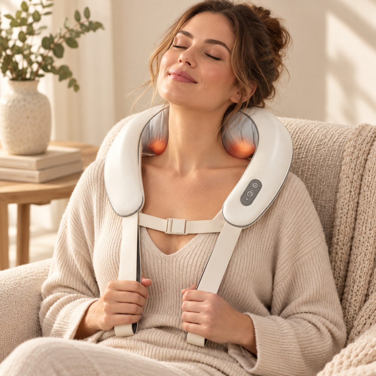 Cordless Shiatsu neck and back massager shown in comfortable at-home use
