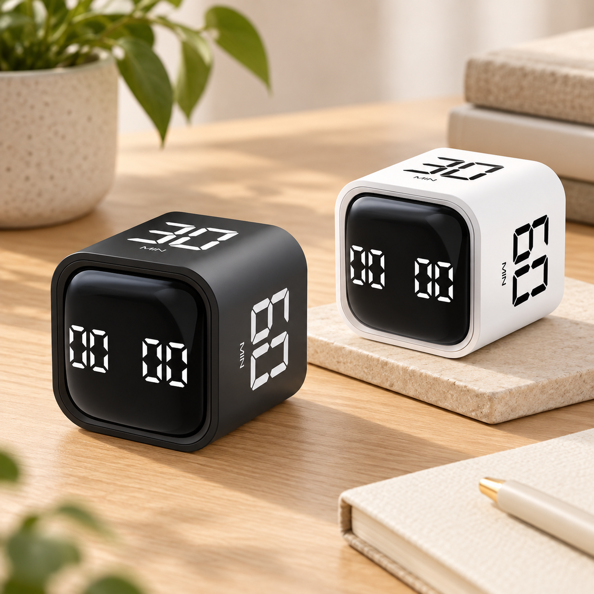 Flip-to-Focus Digital Timer hero mockup in a warm neutral setting