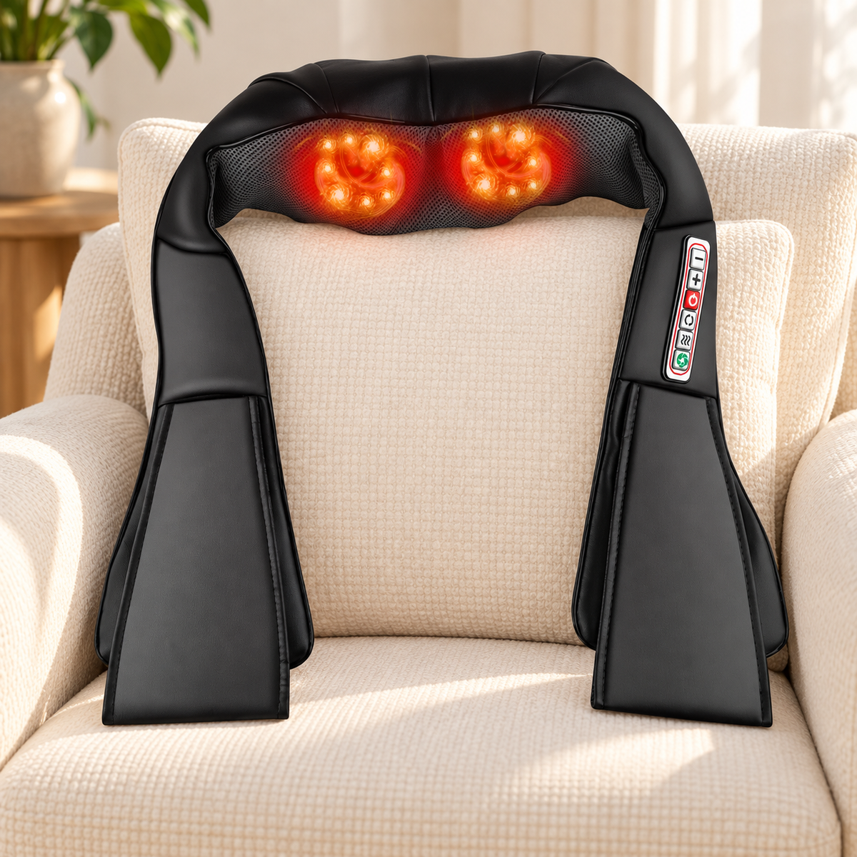 Heated Shiatsu Massage Pillow hero mockup in a warm neutral setting