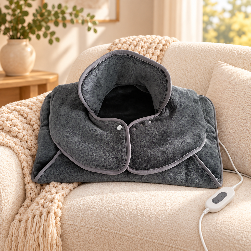Oversized Back & Shoulder Heating Pad hero mockup in a warm neutral setting