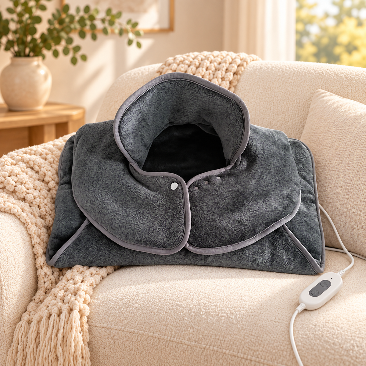 Oversized Back & Shoulder Heating Pad hero mockup in a warm neutral setting