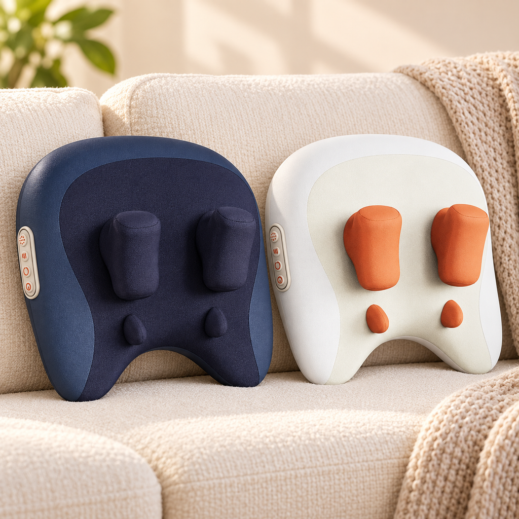Rechargeable warming neck and back massager in a calming home wellness setting